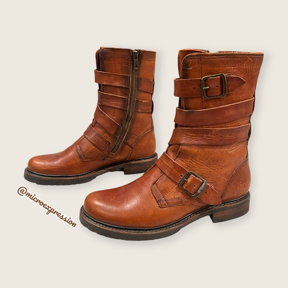 $389 Veronica Tanker Cognac Brown Real Leather Strappy Belted Moto Combat Boots - Picture 12 of 14